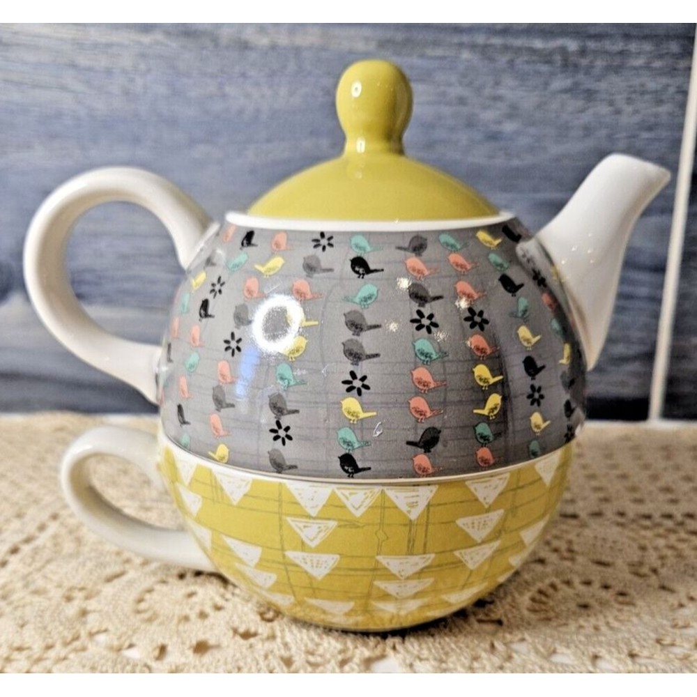 Pavilion Gift Bloom Tea for One Stacked Teapot Cup Amylee Weeks Birds Lime Green